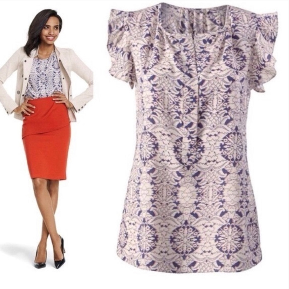 CAbi Purple and Cream Patterned Blouse
